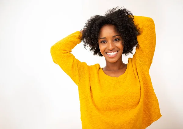 Primer Plano Retrato Sonriente Joven Afroamericana Mujer Con Las Manos —  Fotos de Stock