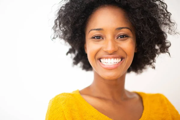 Close Portrait Beautiful Young African American Woman Smiling White Isolated — Stock Photo, Image