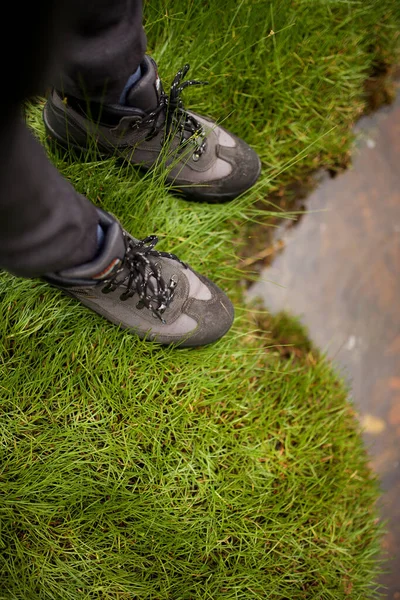 Porträt Von Oben Wanderstiefel Stehen Gras — Stockfoto