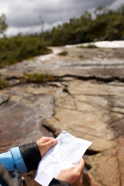 Close Hands Holding Map Find Directions Wild — Stock Photo, Image