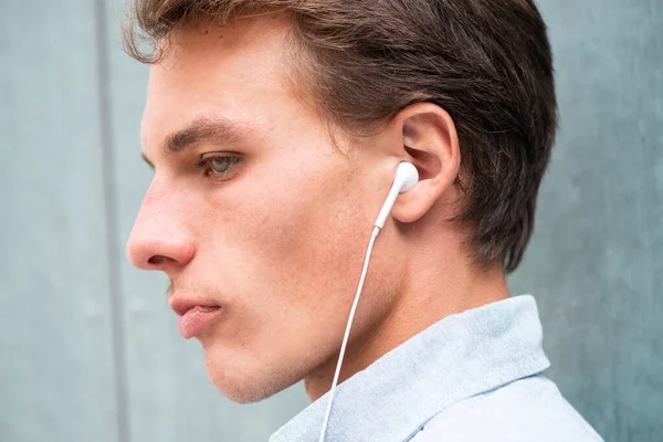 Close Side Portrait Handsome Young Man Earphones Ear — Stock Photo, Image