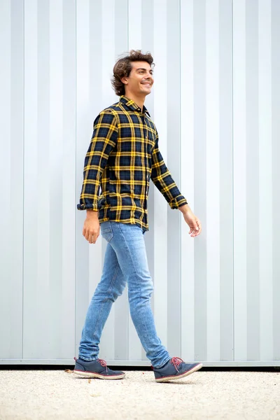 Full Body Side Portrait Happy Trendy Young Guy Walking — Stock Photo, Image