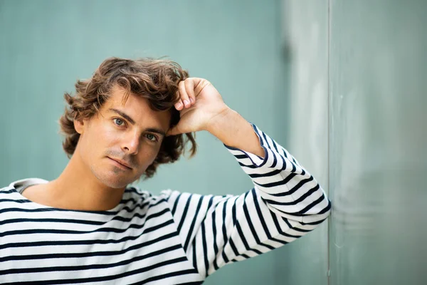 Close Portrait Serious Young Man Leaning Wall Thinking — Stock Photo, Image