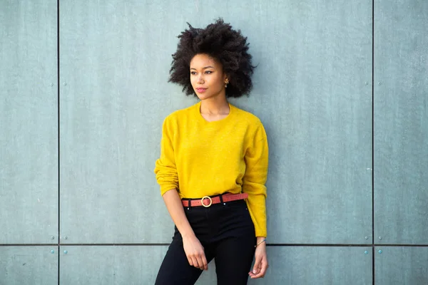 Retrato Afroamericano Modelo Moda Femenina Con Pelo Afro Posando Por —  Fotos de Stock