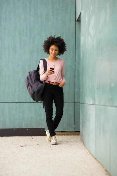 Full Body Portrait Young African American Woman Walking Mobile Phone — Stock Photo, Image