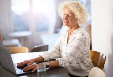 Evde dizüstü bilgisayarı olan mutlu kadın portresi.