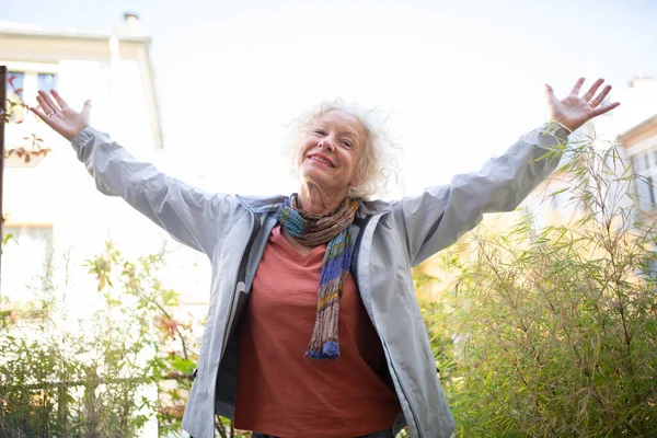 Portrait Elderly Woman Happy Arms Outstretched — Stock Photo, Image