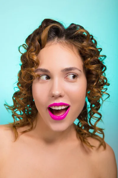 Beautiful Cheerful Girl Bright Lipstick — Stock Photo, Image
