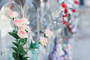 Mezarlıkta çiçekler.