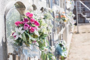 Mezarlıkta çiçekler.