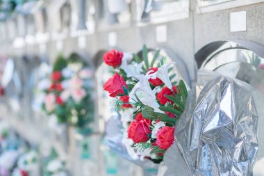 Mezarlıkta çiçekler.