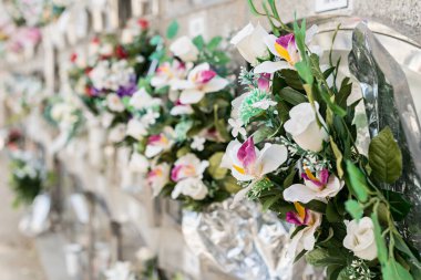 Mezarlıkta çiçekler.