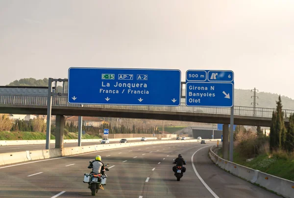 Highway Sign Direction Jonquera Girona Exit Sign — Stock Photo, Image
