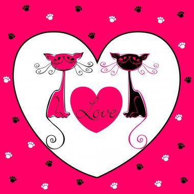 Tebrik kartı. Seviyorum. Kedi sevenler. Sevgililer. Hearts.Cat pençe izleri. Neşeli tasarım. Vektör.