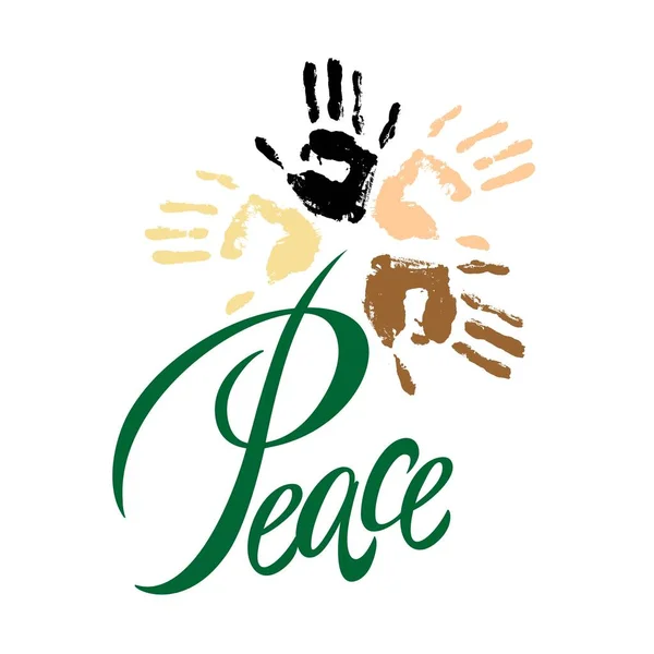 Peace Lettering Ειρήνη Στη Αλληλεγγύη Των Λαών Παλάμη Του Ανθρώπων — Διανυσματικό Αρχείο