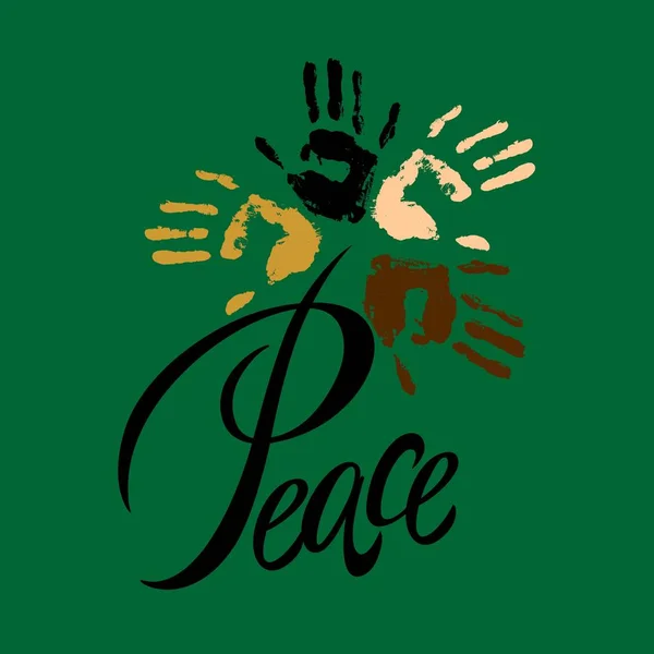 Peace Lettering입니다 지구에 평화입니다 사람들의 연대입니다 국적의 사람들의 손바닥입니다 전쟁이입니다 — 스톡 벡터