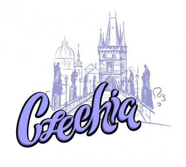 Seyahat. Çek Cumhuriyeti bir seyahat. Prag şehir. Kroki. Charles Köprüsü. Turizm endüstrisi için tasarım konsepti. Vektör çizim.