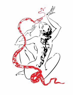 Meditasyon, Kundalini enerjisi kadın silüeti. Enerji şeklinde yukarıya doğru yükselen yılan. Ezoteric. Vektör.