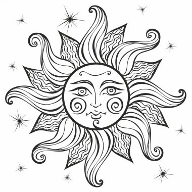Güneş Vintage tarzı. Astroloji. Etnik. Pagan. Boho tarzı. Boyama. Vektör