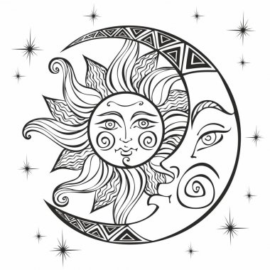 Ay ve güneş. Antik astrolojik sembolü. Oyma. Boho tarzı. Etnik. Burcu sembolü. Mistik. Boyama. Vektör