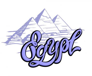 Seyahat. Turizm endüstrisi için tasarım. Mısır gezisi. Giza şehir. Yazı. Piramitleri bir kroki. Vektör çizim.