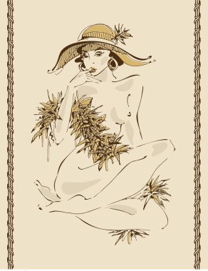 Vintage card.Sexy young girl in a hat. Naked beauty. Model. Model boa of feathers .Retro-style. Vector illustration. clipart