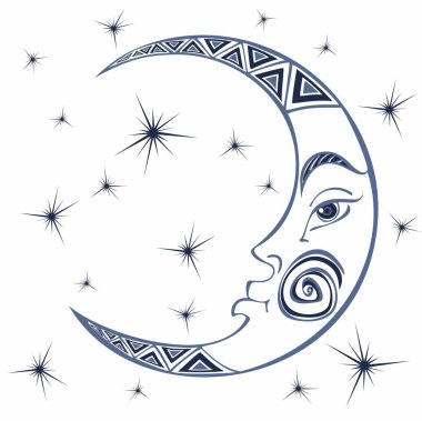 Ay. Ay. Antik astrolojik sembolü. Oyma. Boho tarzı. Etnik. Burcu sembolü. Ezoterik mistik. Vektör.