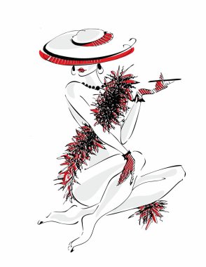 Şapkalı seksi genç kız. Çıplak güzellik. Tüyler modeli boa. Vektör çizim.