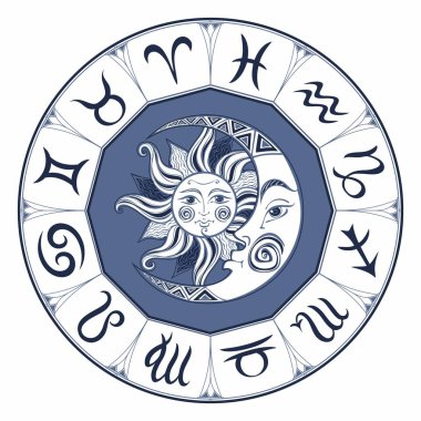 Zodyak. Astrolojik sembolü. Burç. Güneş ve ay. Astroloji. Mistik. Vektör