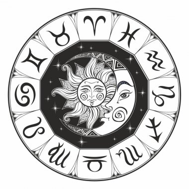 Zodyak. Astrolojik sembolü. Burç. Güneş ve ay. Astroloji. Mistik. Boyama. Vektör