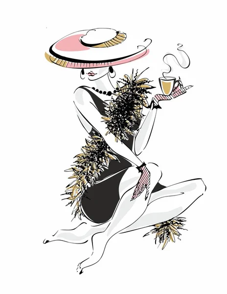 Mujer Elegante Sombrero Con Una Taza Café Mano Modelo Moda — Vector de stock