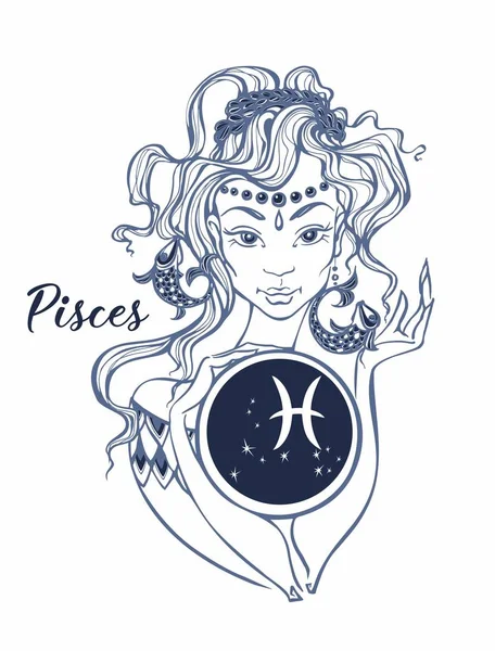 Signo Del Zodíaco Piscis Una Chica Hermosa Horóscopo Astrología Vector — Archivo Imágenes Vectoriales
