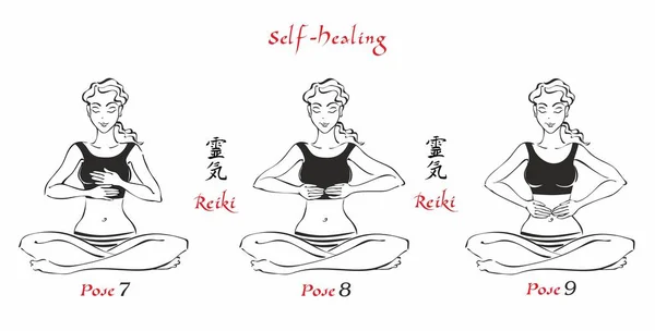 Self Healing Energy Reiki Poses Hands Healing Set Files File — Stock Vector