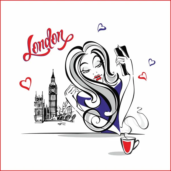 Una Chica Londres Haciendo Una Selfie Fotografiado Con Telón Fondo — Vector de stock