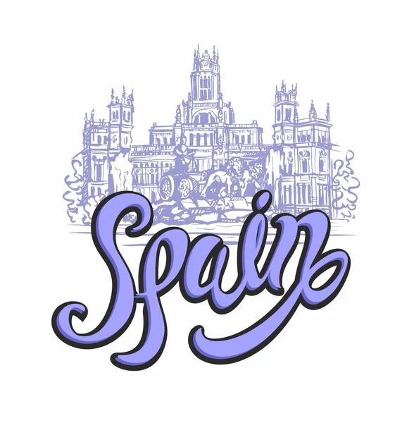 Travel. trip to Spain. City Of Madrid. Sketch. Cybele Palace and fountain at the Plaza Cibeles in Madrid, Spain.. Design concept for the tourism industry. Vector illustration.