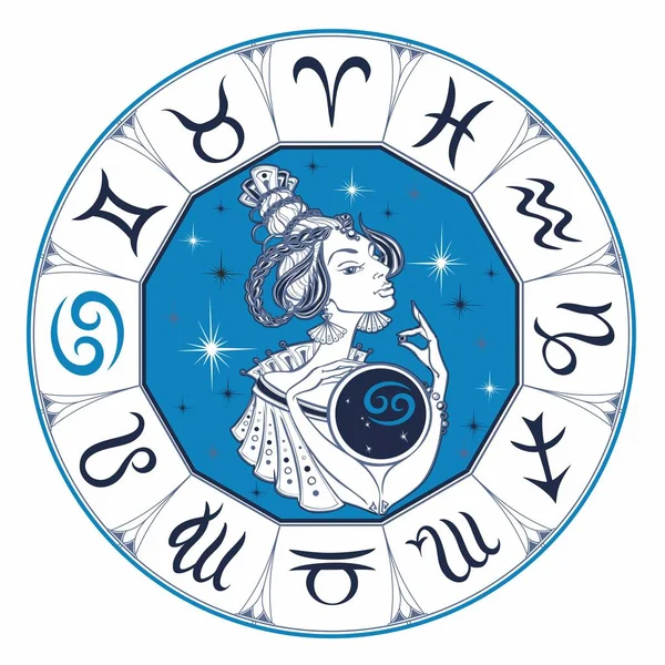 Tanda Astrologi Kanker Sebagai Seorang Gadis Cantik Zodiak Horoskop Astrologi - Stok Vektor