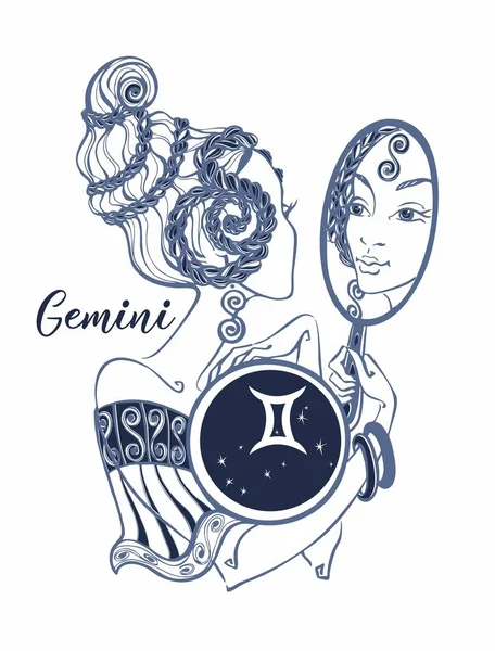 Signo Del Zodíaco Géminis Una Chica Hermosa Horóscopo Astrología Vector — Archivo Imágenes Vectoriales