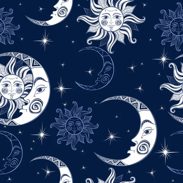 Modèle Sans Couture Soleil Lune Étoiles Fond Spatial Ciel Nocturne — Image vectorielle