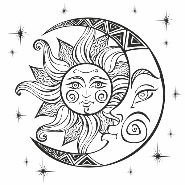 Lua Sol Símbolo Astrológico Antigo Gravura Estilo Boho Étnica Símbolo — Vetor de Stock