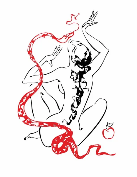 Ilustración Bíblica Eva Con Manzana Roja Tentador Serpientes Vector — Archivo Imágenes Vectoriales
