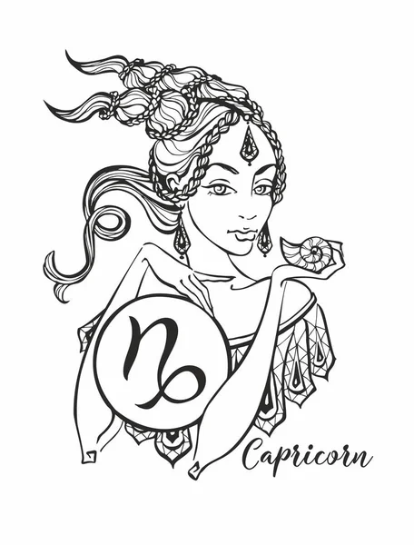 Het Sterrenbeeld Steenbok Als Een Mooi Meisje Horoscoop Astrologie Kleurplaat — Stockvector