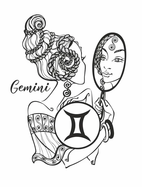 Signo Del Zodíaco Géminis Una Chica Hermosa Horóscopo Astrología Colorear — Archivo Imágenes Vectoriales