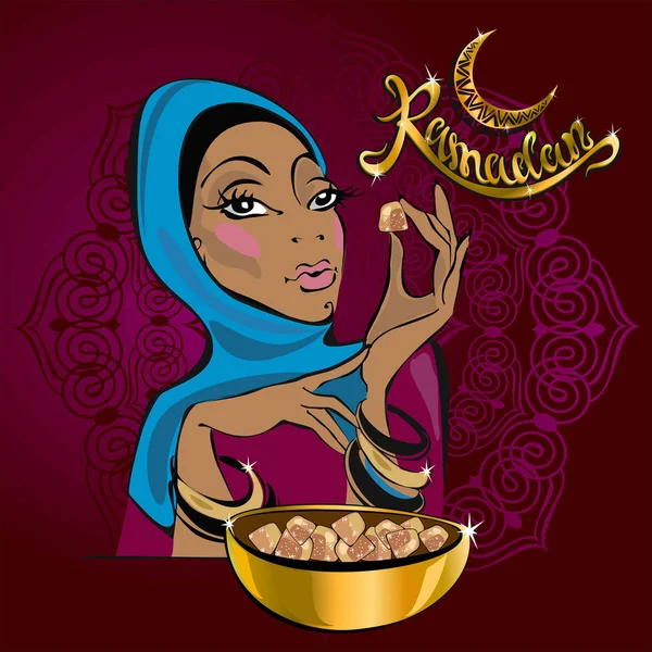 Ramadan Kareem Tekst Wektor Literowanie Greeting Card Designer Piękna Dziewczyna — Wektor stockowy