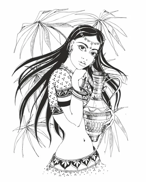 印度女孩。美丽的水壶。民族色彩。时尚的图形。为明信片和设计。着色。向量 — 图库矢量图片
