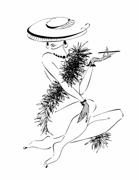 帽子でセクシーな若い女の子 裸の美しさ モデルの羽のボア ベクトル図 — ストックベクタ