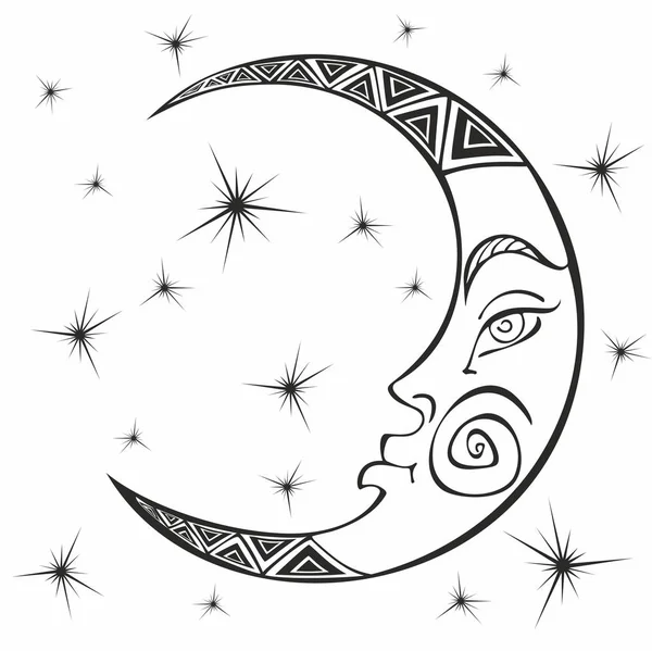 Hold Hónap Ősi Asztrológiai Szimbóluma Gravírozás Stílus Boho Etnikai Jel — Stock Vector