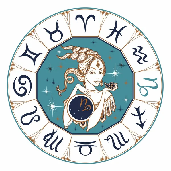 Signo Astrológico Capricórnio Como Uma Menina Bonita Horóscopo Astrologia Victor —  Vetores de Stock