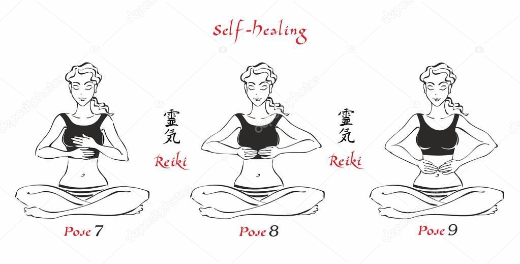 Self-Healing.   The energy of reiki. Poses hands for healing. The set of files. File 3. 3 positions. A total of 12 positions. Alternative medicine. Spiritual healing. Esoteric. Vector.
