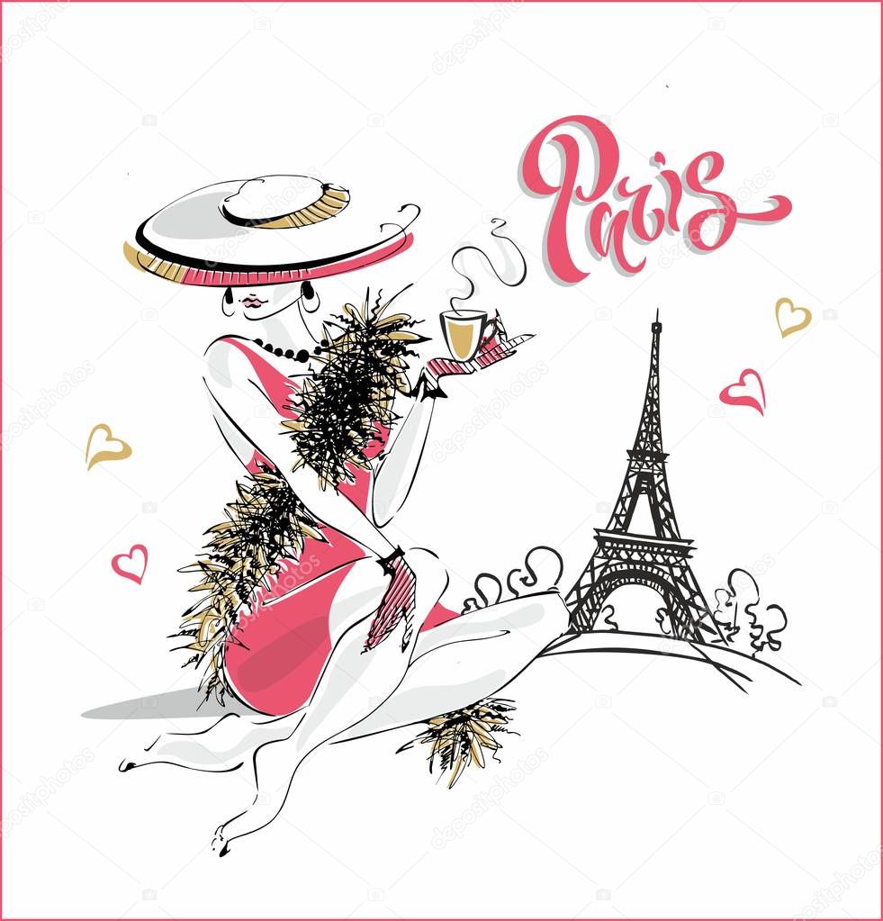 The girl in the hat drinks coffee.  Fashion model in Paris. Eiffel tower. Romantic composition. Elegant model on vacation. Vector.