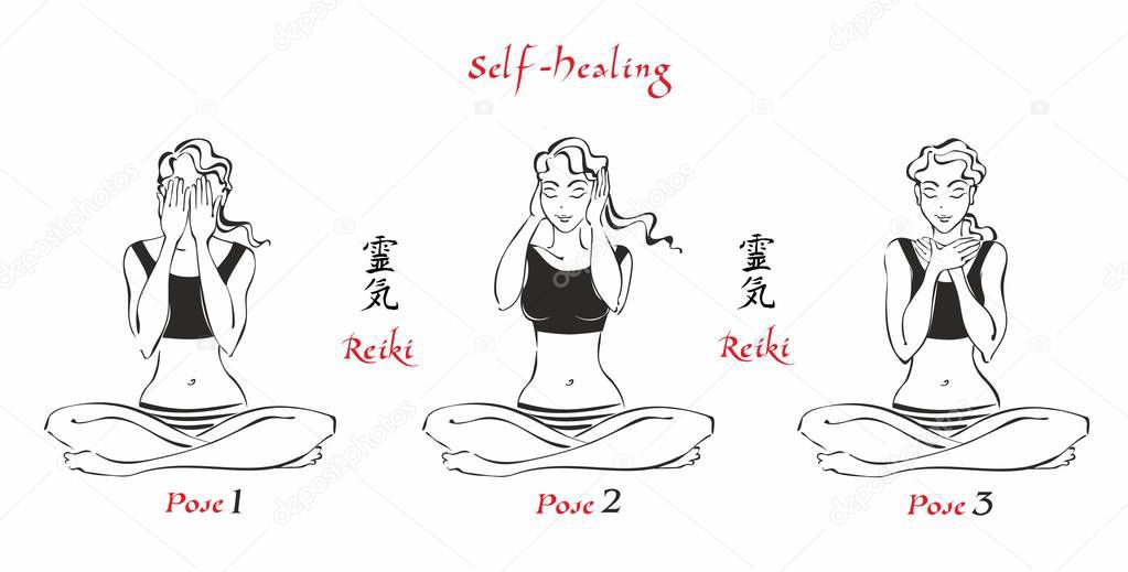 Self-Healing.   The energy of reiki. Poses hands for healing. The set of files. File 1.  3 positions. A total of 12 positions. Alternative medicine. Spiritual healing. Esoteric. Vector.